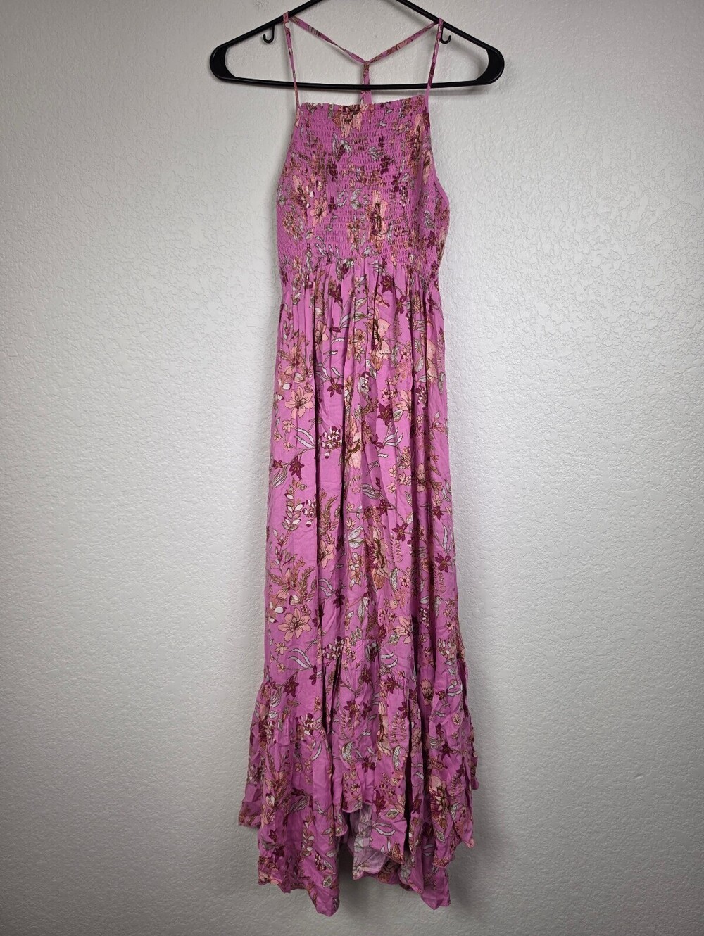 Free People Pink Floral Maxi Dress Smocked Bodice